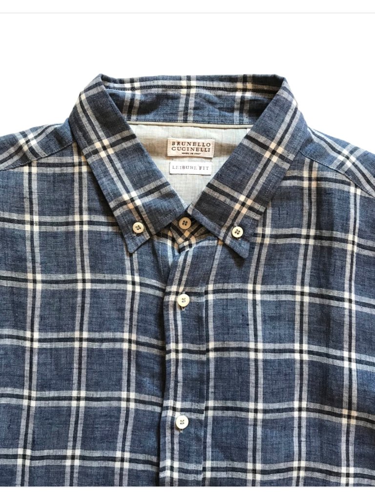 Brunello Cucinelli Linen Button Down Shirt Mens Xxl Blue White Leisure Fit Plaid